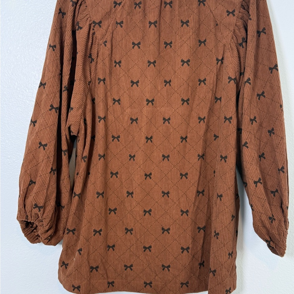 Umgee Soft Brown Bow-Print Peasant Blouse - Picture 4 of 6